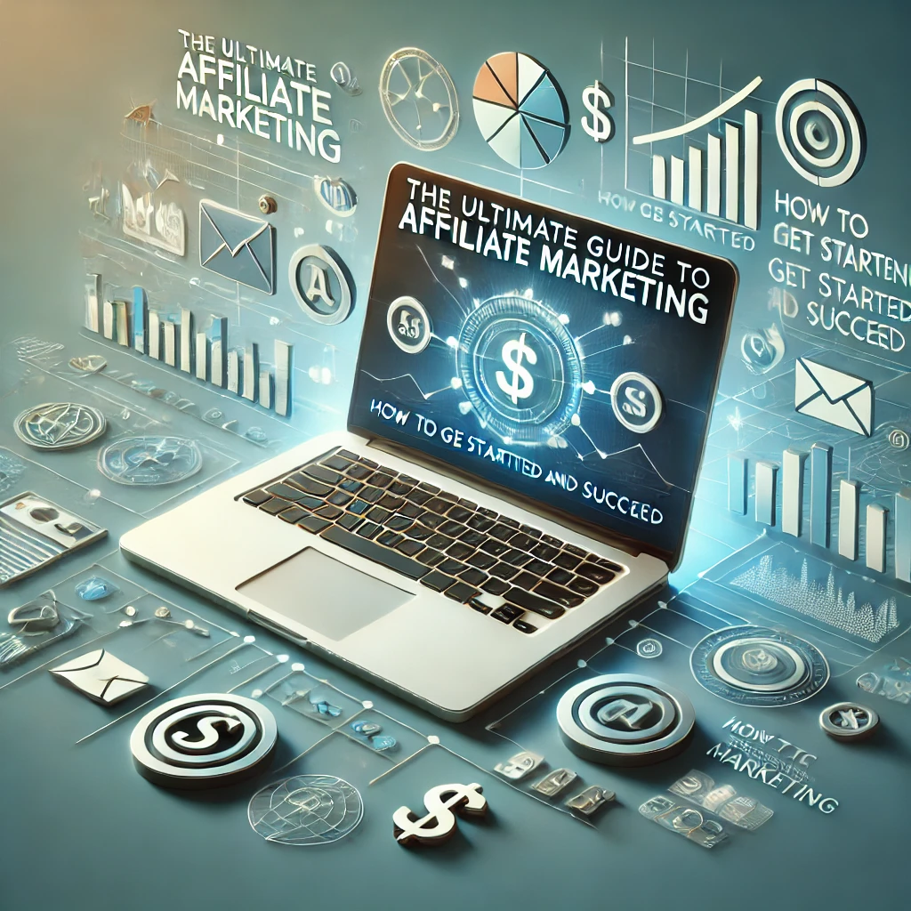 Laptop displaying the text 'Affiliate Marketing' on the screen.